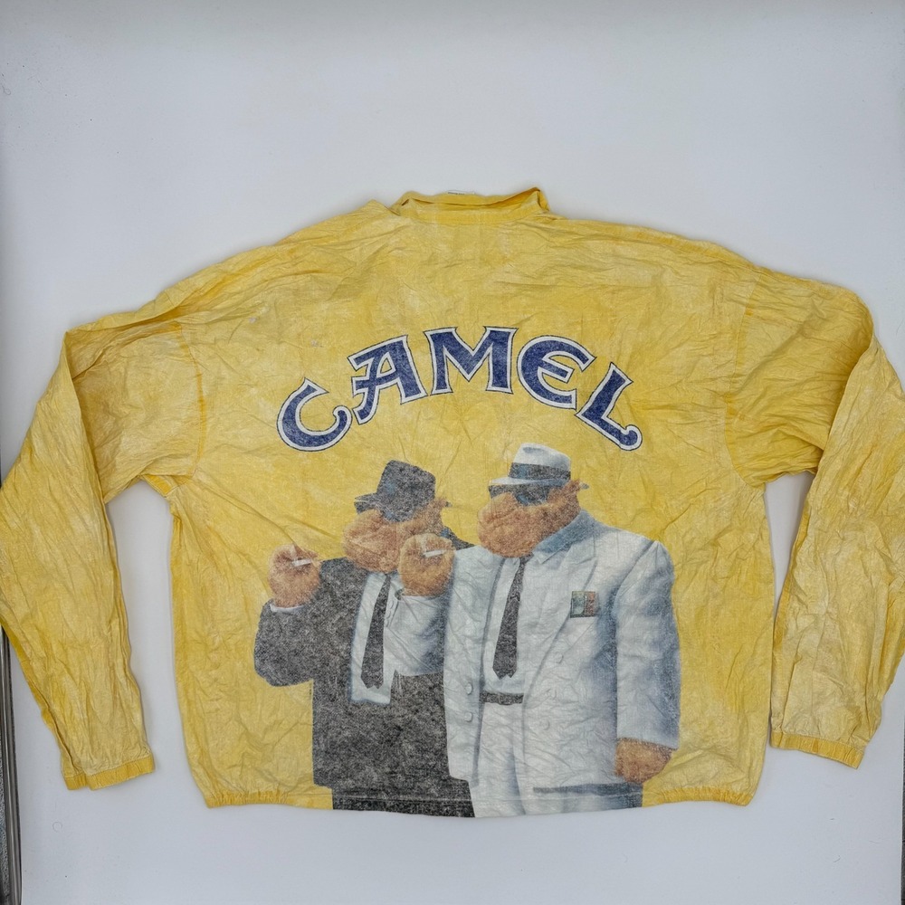 Vintage 90s Camel Cigarettes Joe Jacket Mens XL Yellow Promo Racing Tyvek Zip-Up